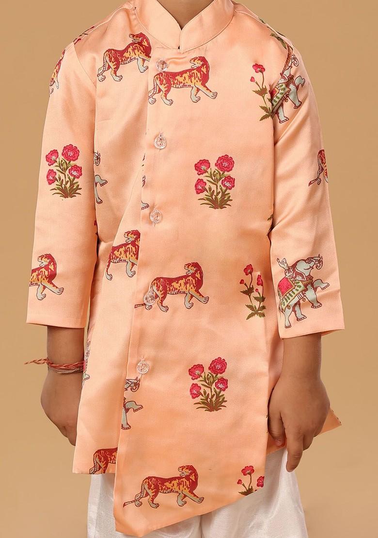 Peach Printed Blended Kurta Set For Boys - Indya