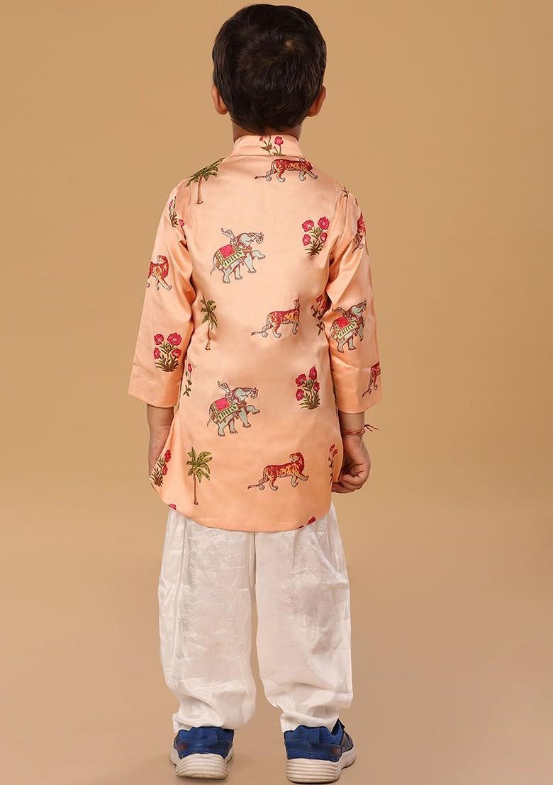 Peach Printed Blended Kurta Set For Boys - Indya