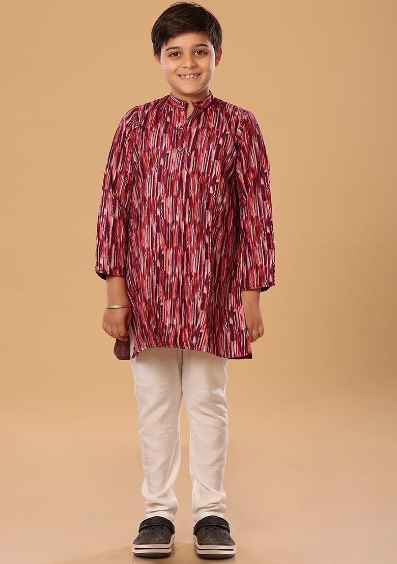 Purple Embroidered Blended Kurta Set For Boys - Indya