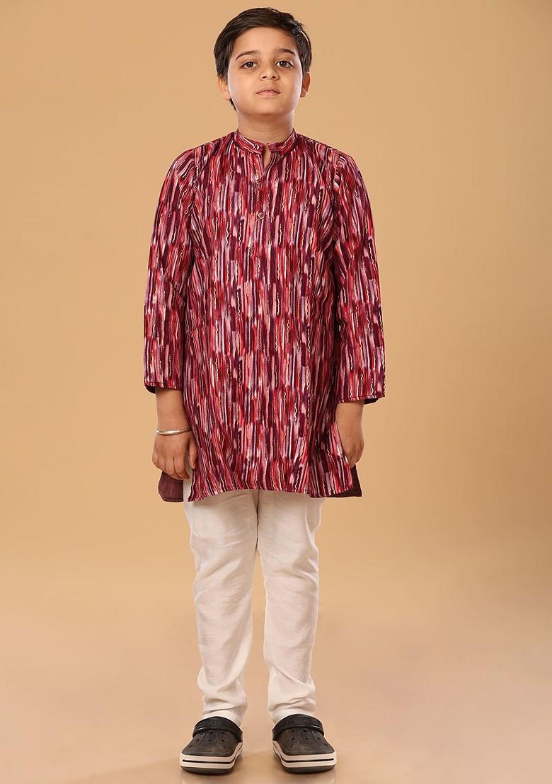 Purple Embroidered Blended Kurta Set For Boys - Indya