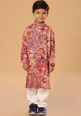 Red Floral Blended Kurta Set For Boys