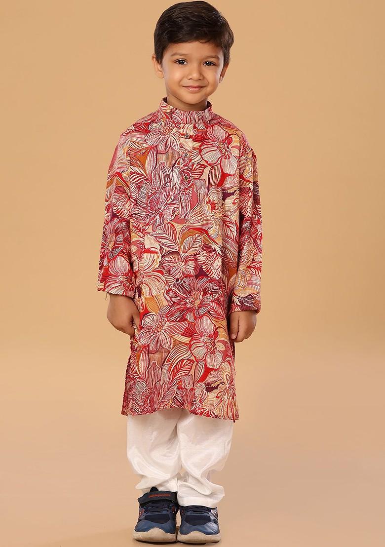 Red Floral Blended Kurta Set For Boys - Indya