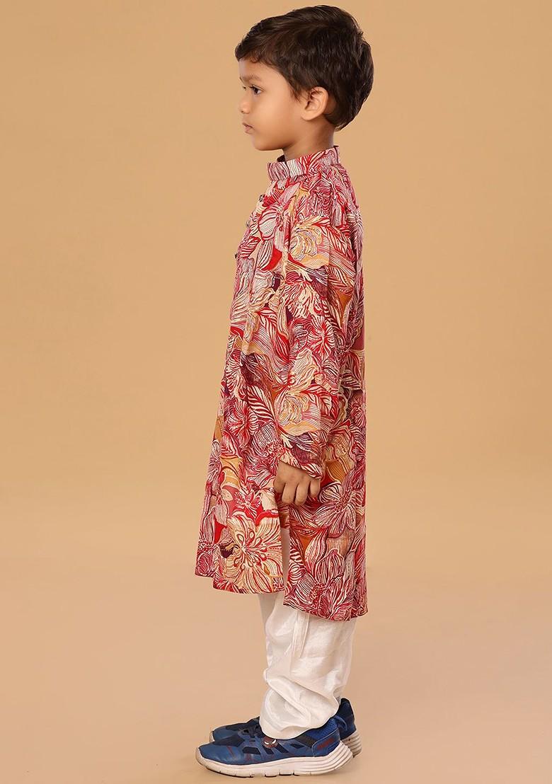 Red Floral Blended Kurta Set For Boys - Indya