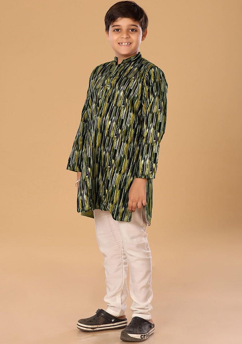 Green Embroidered Blended Kurta Set For Boys - Indya