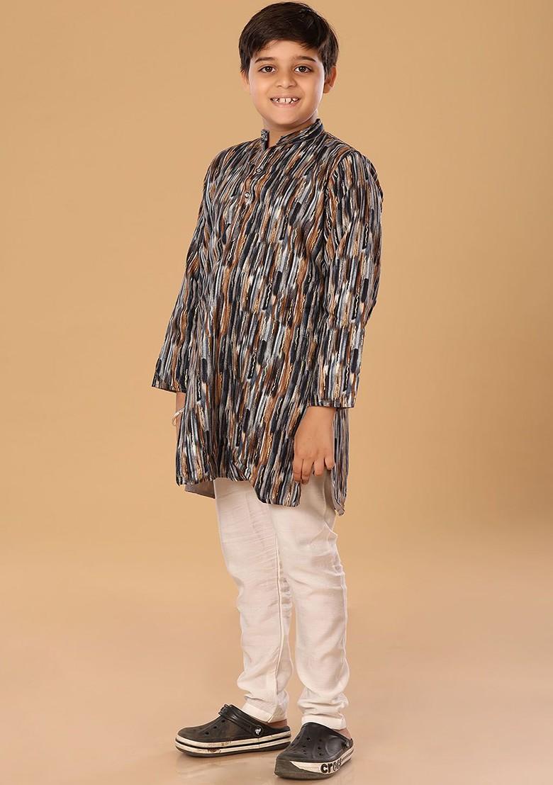 Brown Embroidered Blended Kurta Set For Boys - Indya