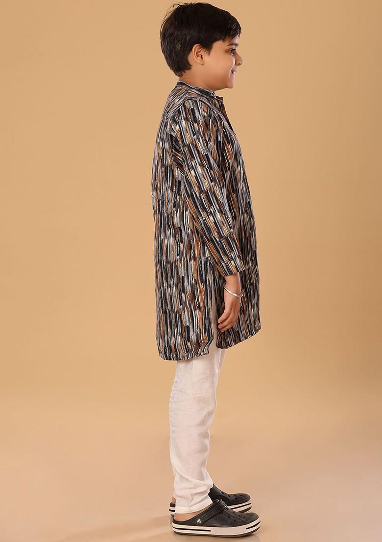 Brown Embroidered Blended Kurta Set For Boys - Indya