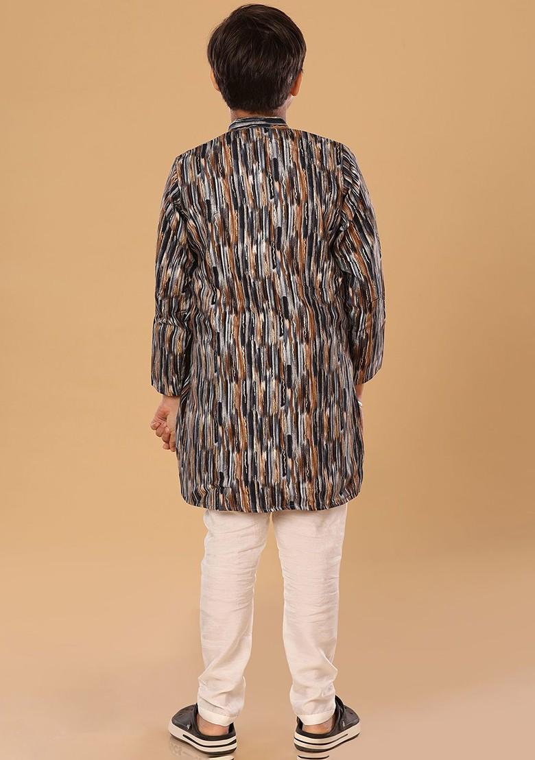 Brown Embroidered Blended Kurta Set For Boys - Indya