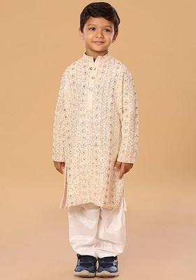 Peach Embroidered Blended Kurta Set For Boys