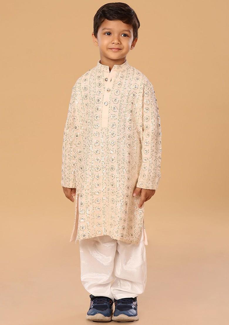 Peach Embroidered Blended Kurta Set For Boys - Indya