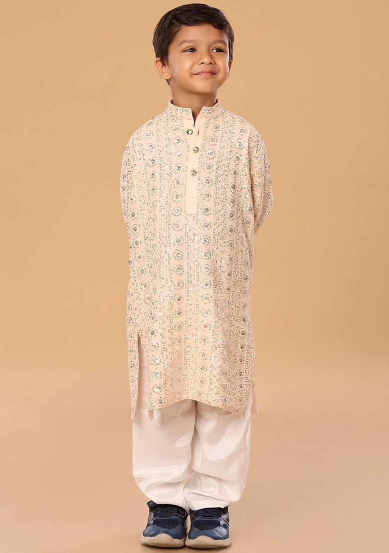 Peach Embroidered Blended Kurta Set For Boys - Indya