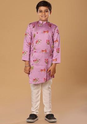 Purple Printed Blended Kurta Set For Boys
