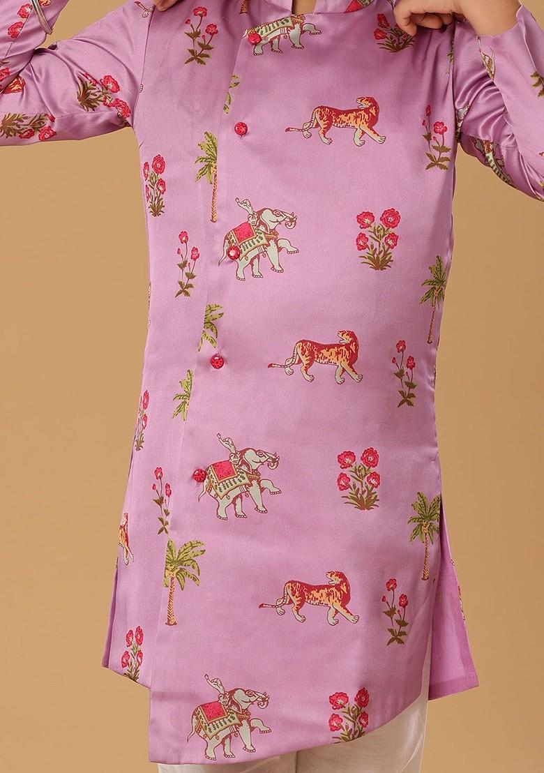 Purple Printed Blended Kurta Set For Boys - Indya