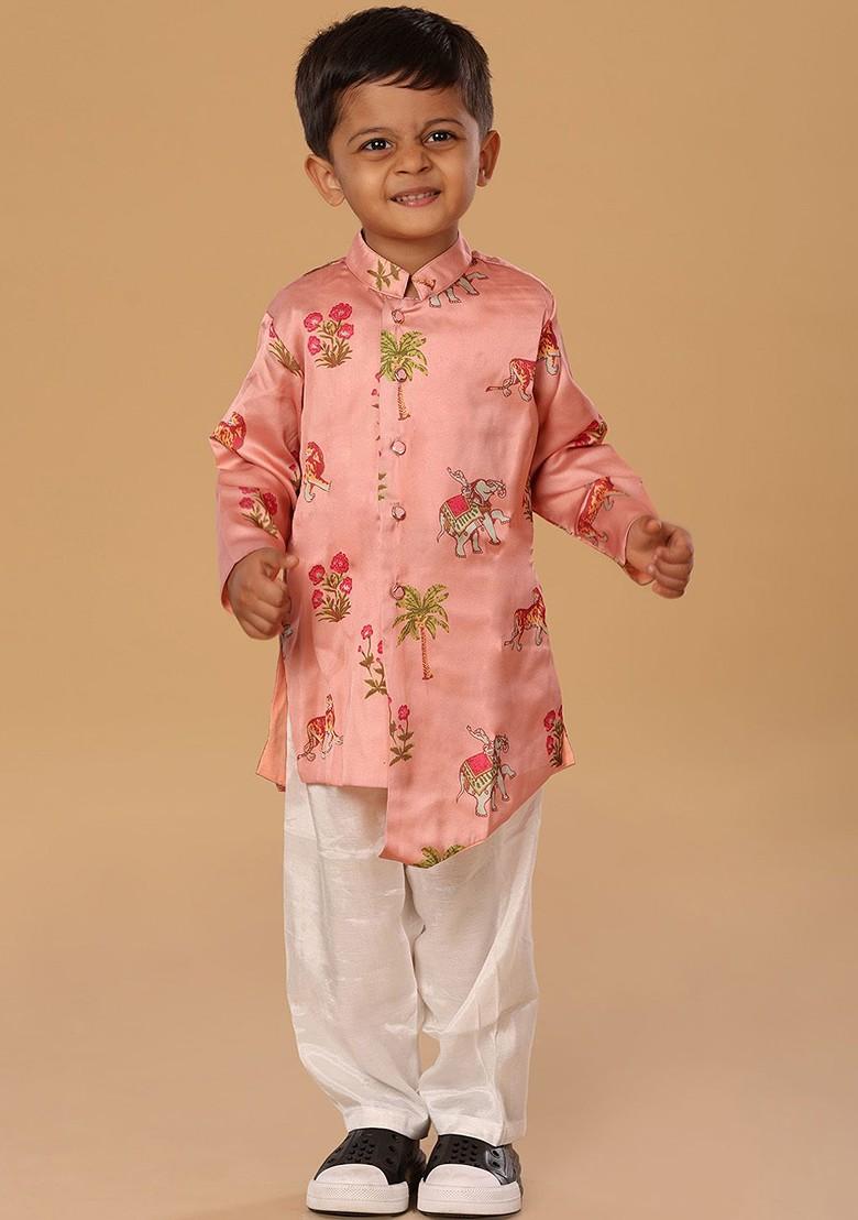 Pink Printed Blended Kurta Set For Boys - Indya