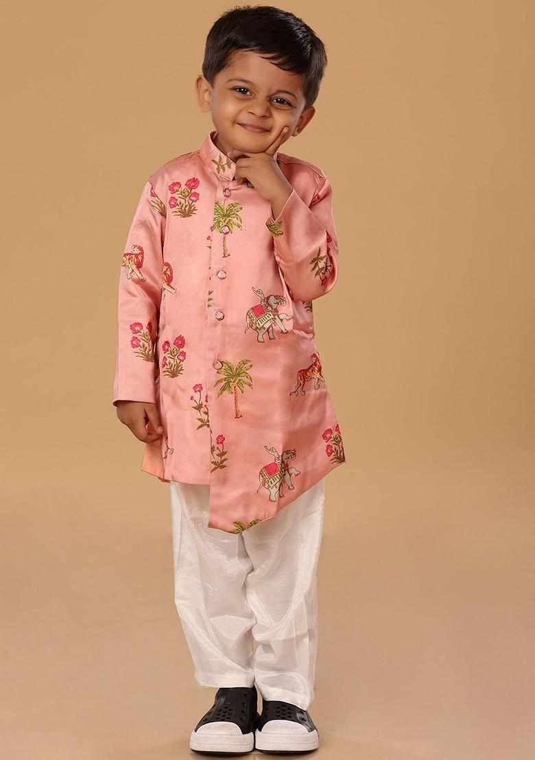Pink Printed Blended Kurta Set For Boys - Indya