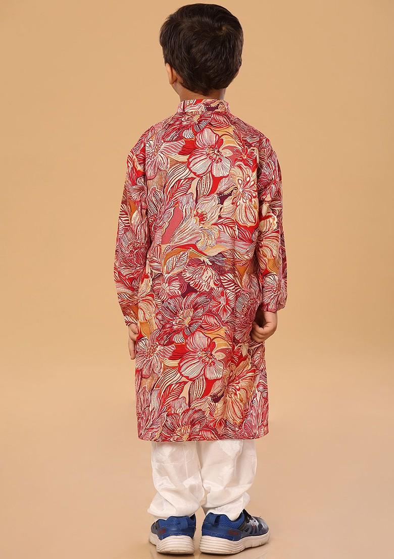 Red Floral Blended Kurta Set For Boys - Indya