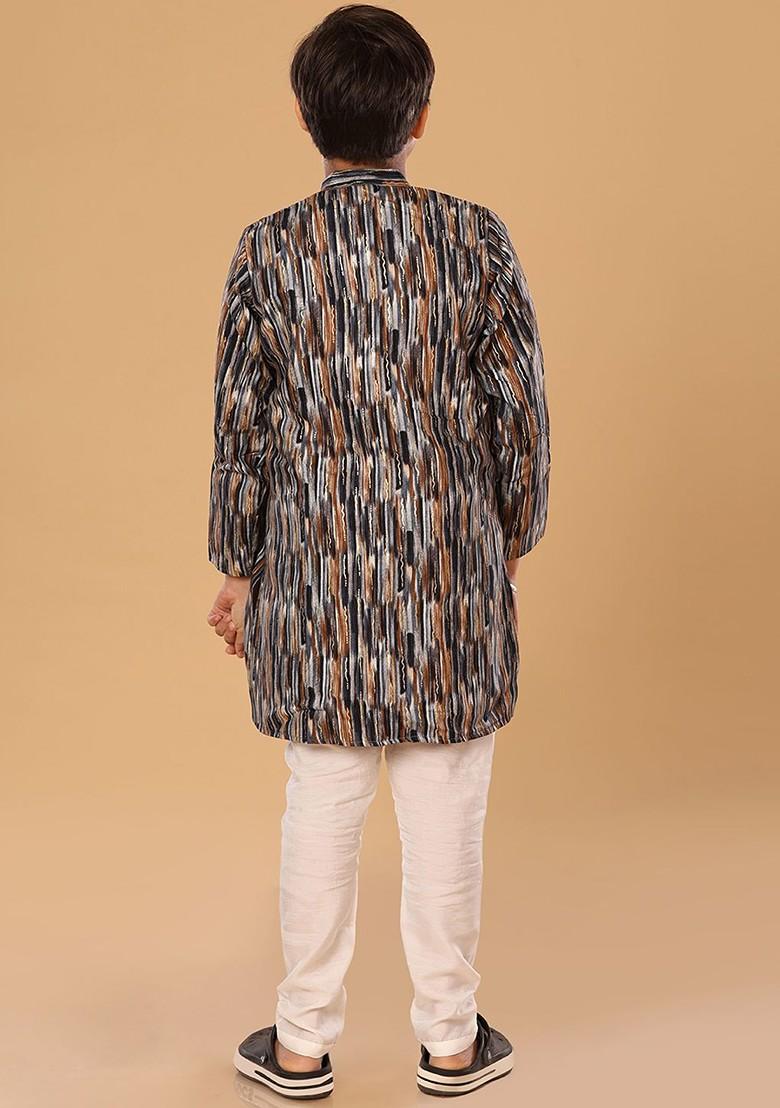 Brown Embroidered Blended Kurta Set For Boys - Indya