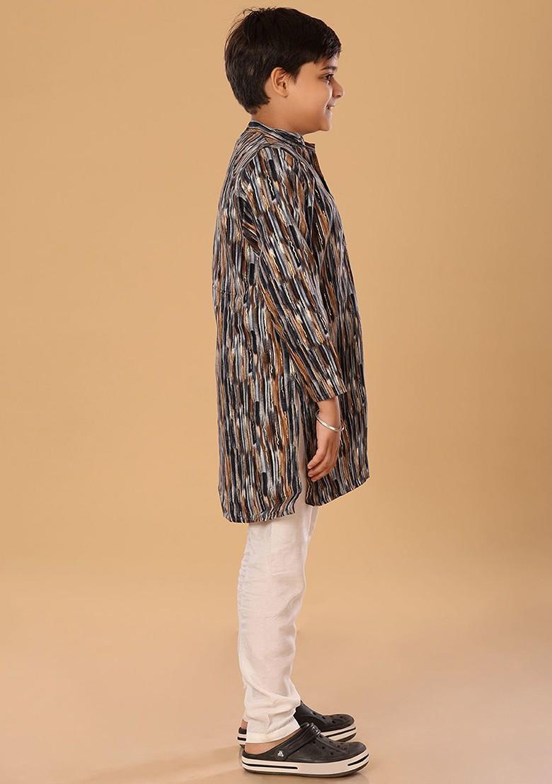 Brown Embroidered Blended Kurta Set For Boys - Indya