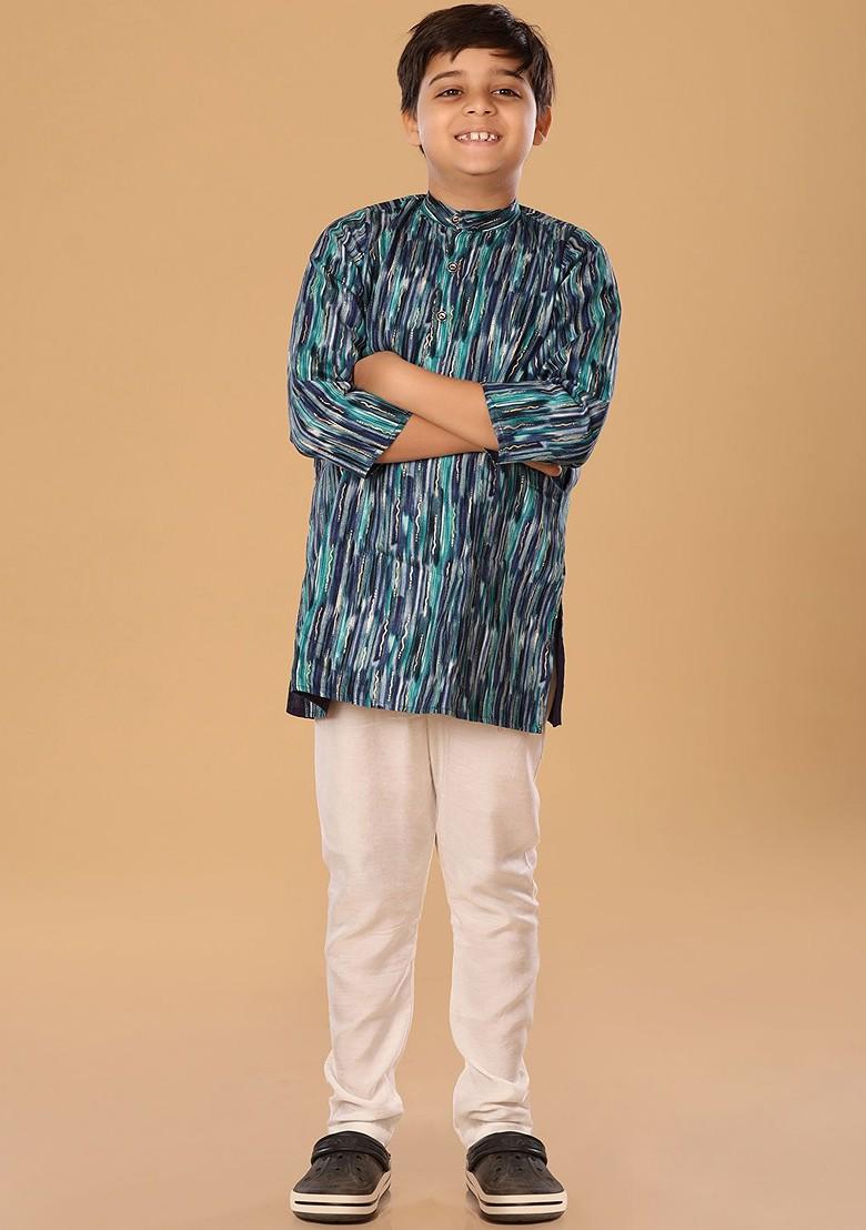 Blue Embroidered Blended Kurta Set For Boys - Indya