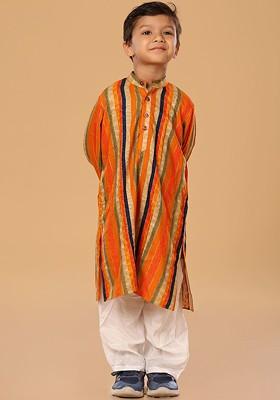 Orange Embroidered Blended Kurta Set For Boys