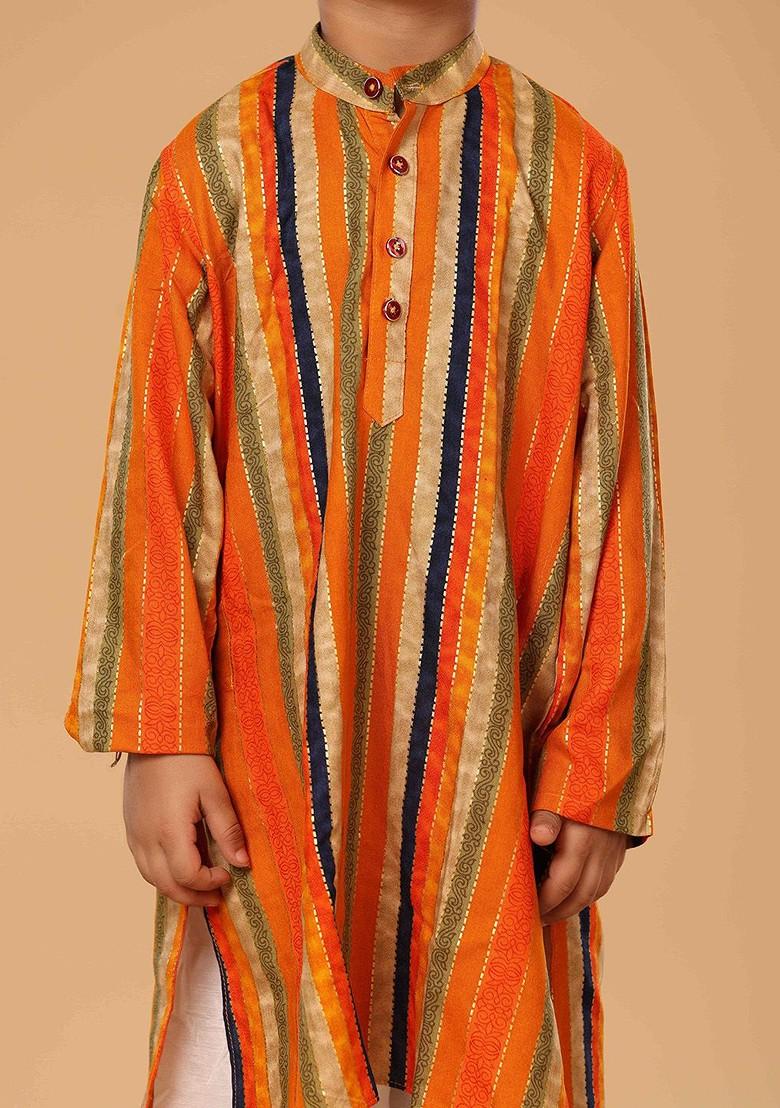 Orange Embroidered Blended Kurta Set For Boys - Indya
