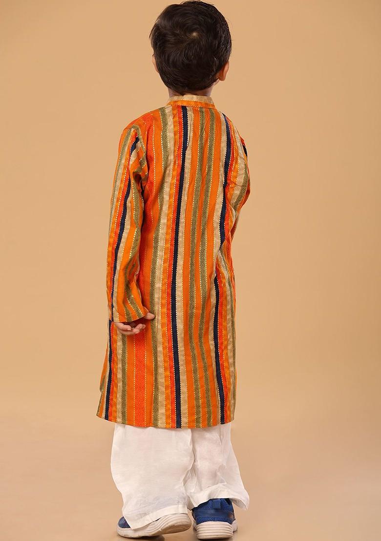 Orange Embroidered Blended Kurta Set For Boys - Indya