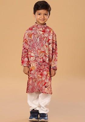 Red Floral Blended Kurta Set For Boys