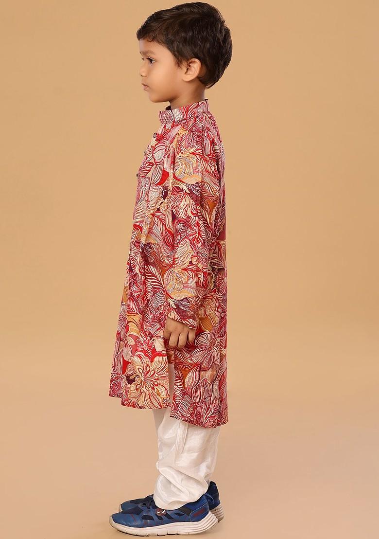 Red Floral Blended Kurta Set For Boys - Indya