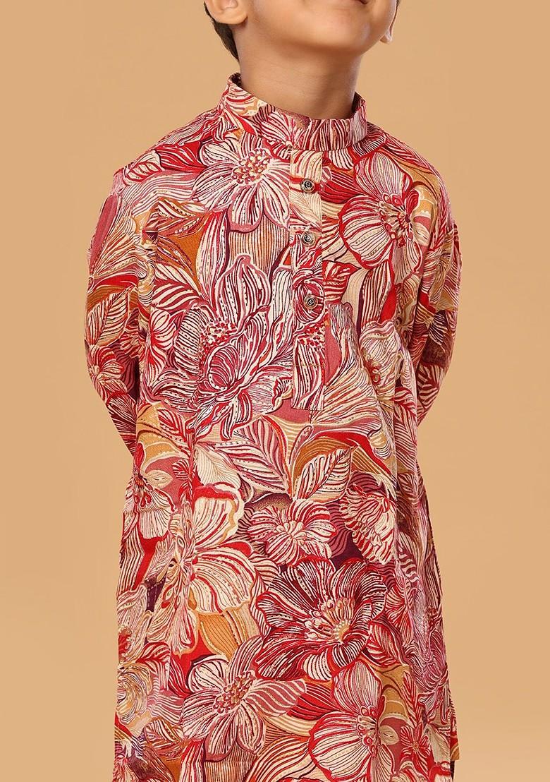 Red Floral Blended Kurta Set For Boys - Indya