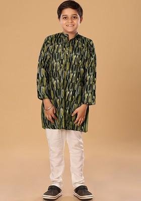 Green Embroidered Blended Kurta Set For Boys