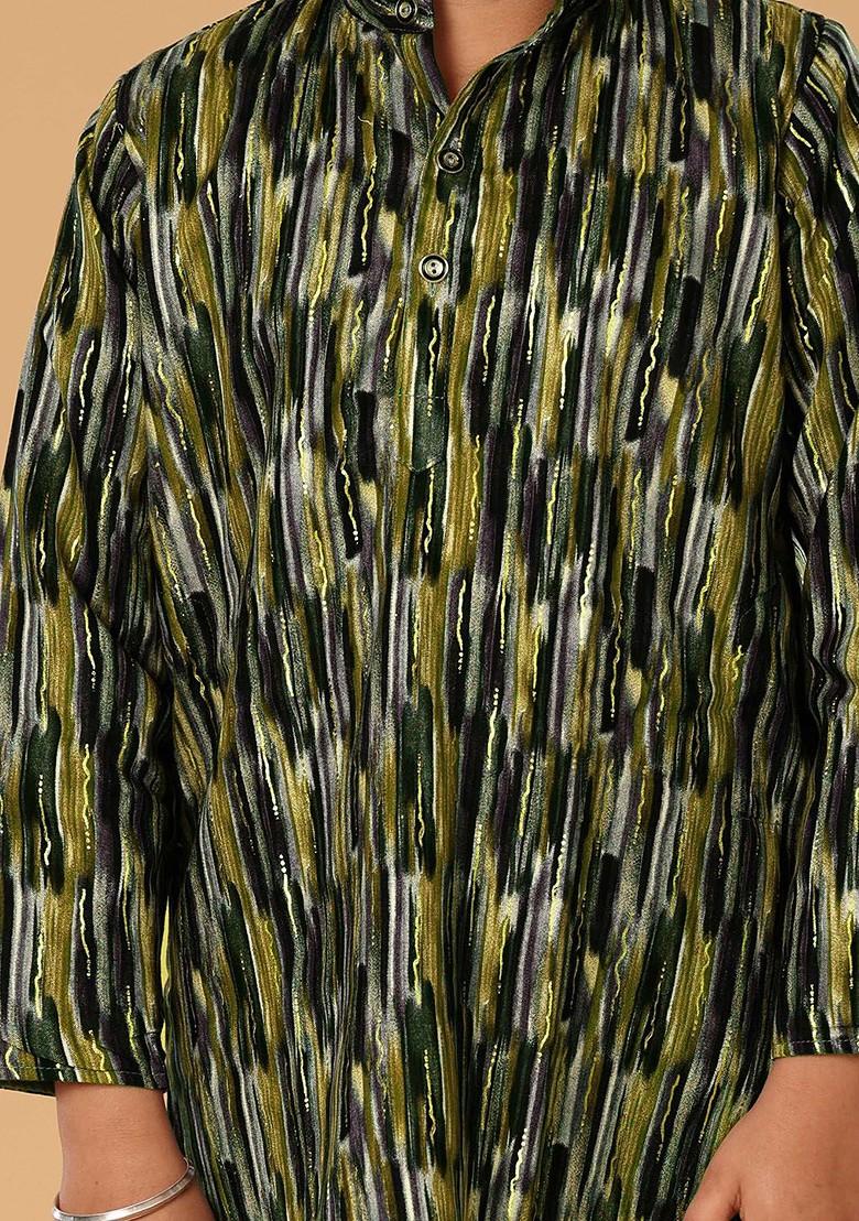 Green Embroidered Blended Kurta Set For Boys - Indya