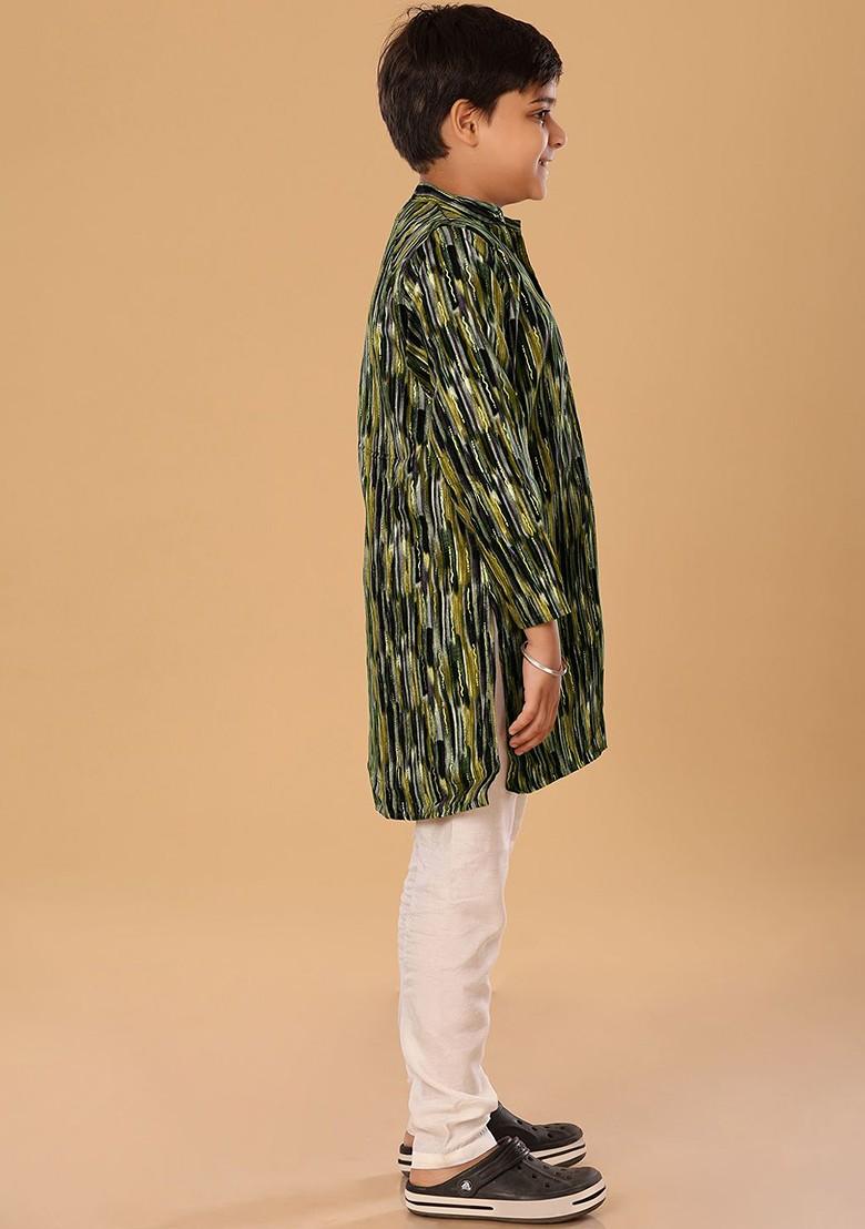 Green Embroidered Blended Kurta Set For Boys - Indya