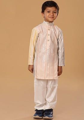 Peach Embroidered Blended Kurta Set For Boys