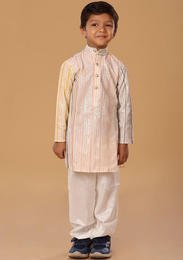 Peach Embroidered Blended Kurta Set For Boys - Indya