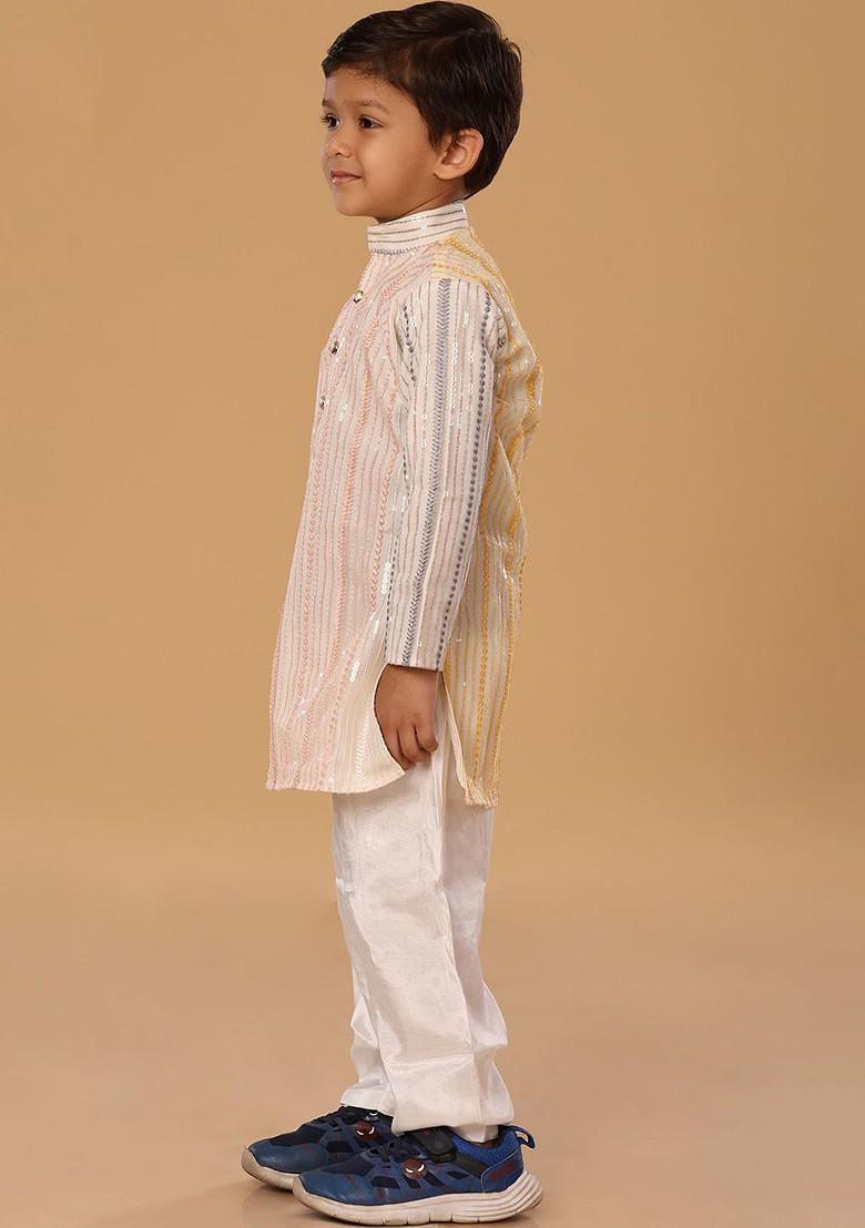 Peach Embroidered Blended Kurta Set For Boys - Indya
