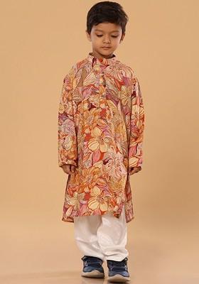 Orange Floral Blended Kurta Set For Boys