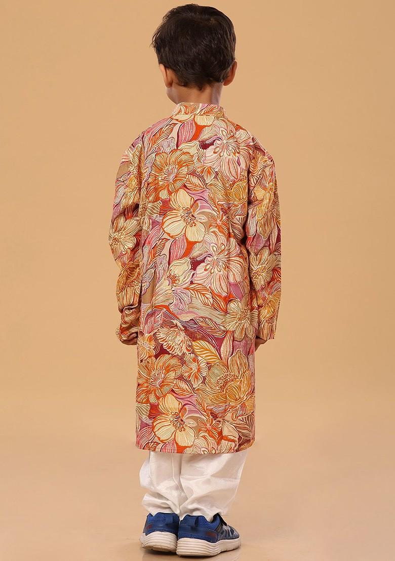 Orange Floral Blended Kurta Set For Boys - Indya