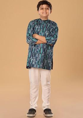 Blue Embroidered Blended Kurta Set For Boys