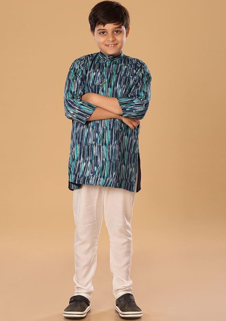 Blue Embroidered Blended Kurta Set For Boys - Indya