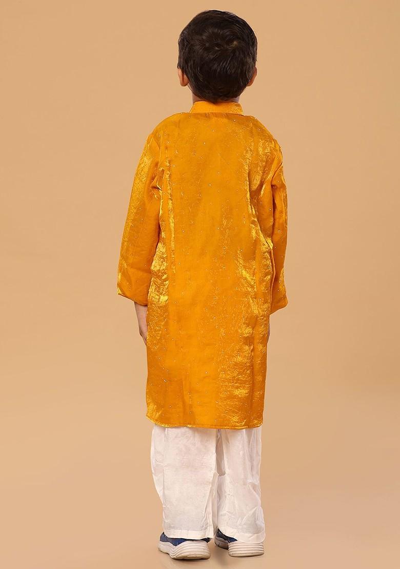 Mustard Embroidered Blended Kurta Set For Boys - Indya
