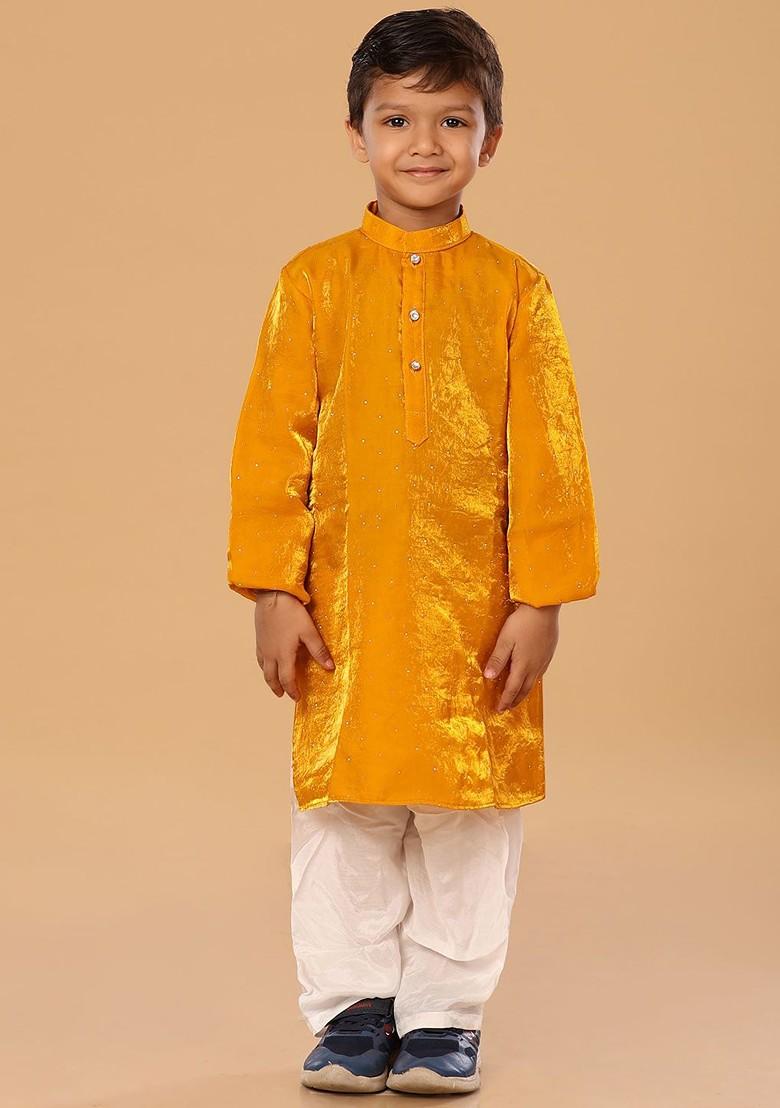 Mustard Embroidered Blended Kurta Set For Boys - Indya
