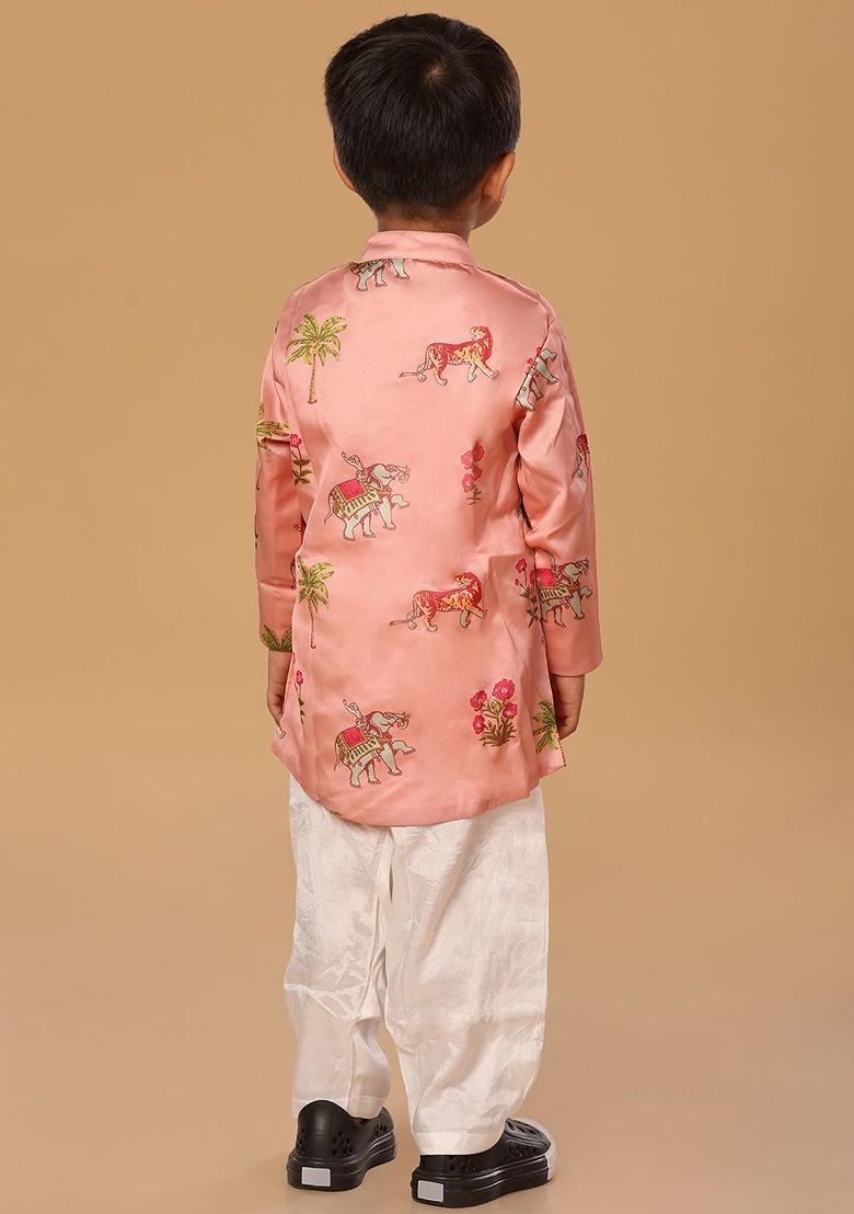 Pink Printed Blended Kurta Set For Boys - Indya