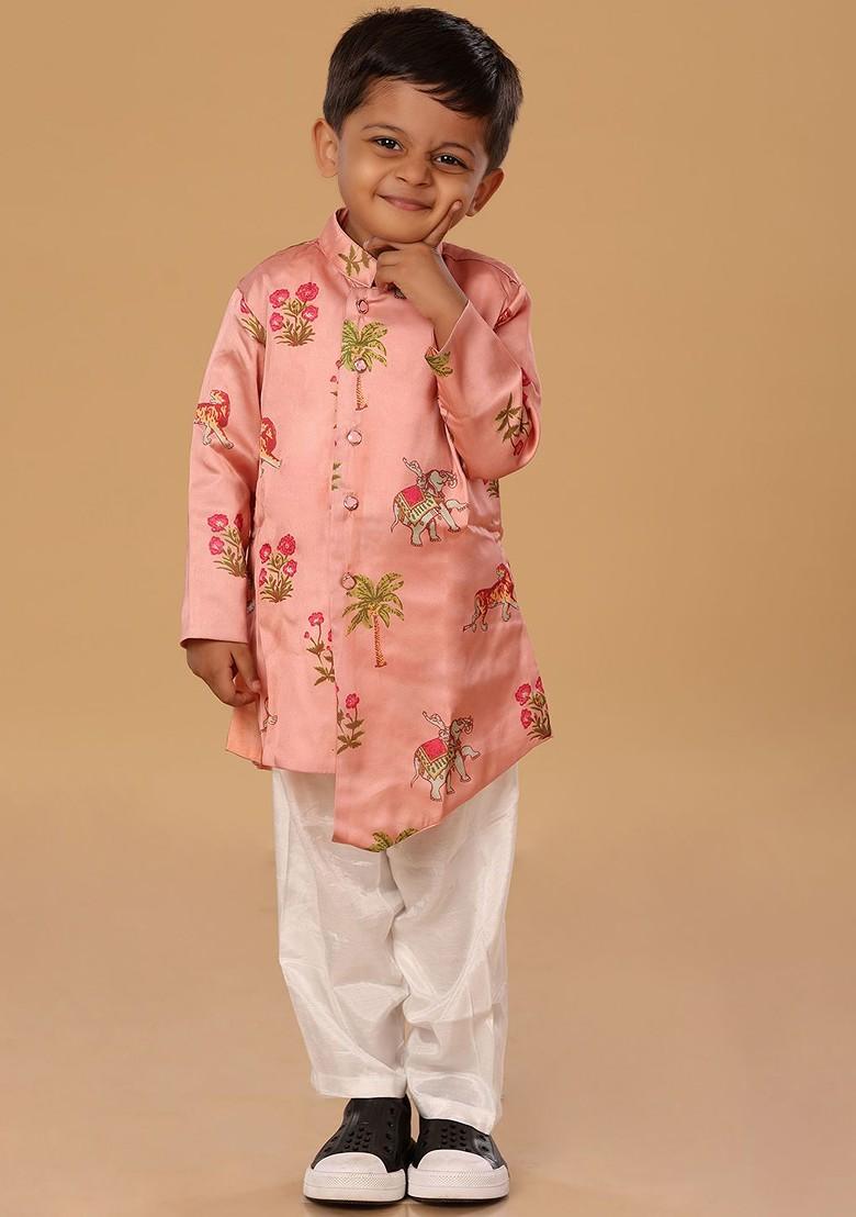 Pink Printed Blended Kurta Set For Boys - Indya