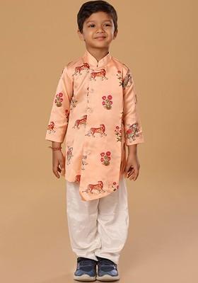 Peach Printed Blended Kurta Set For Boys