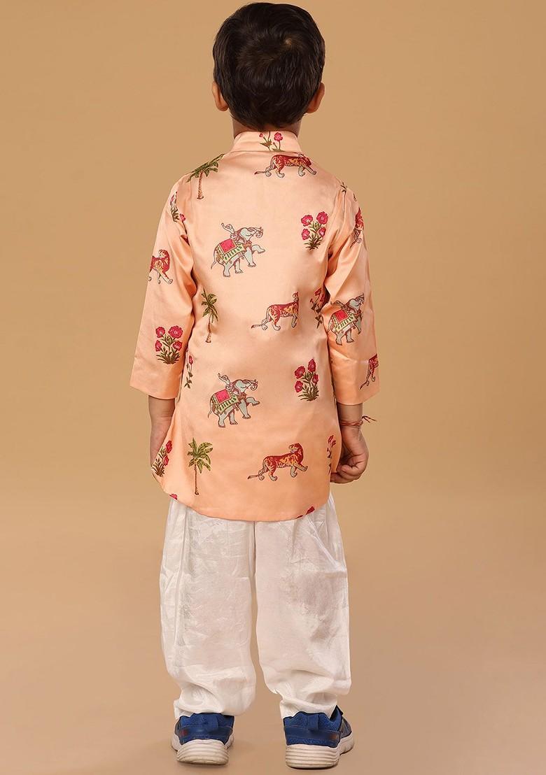 Peach Printed Blended Kurta Set For Boys - Indya