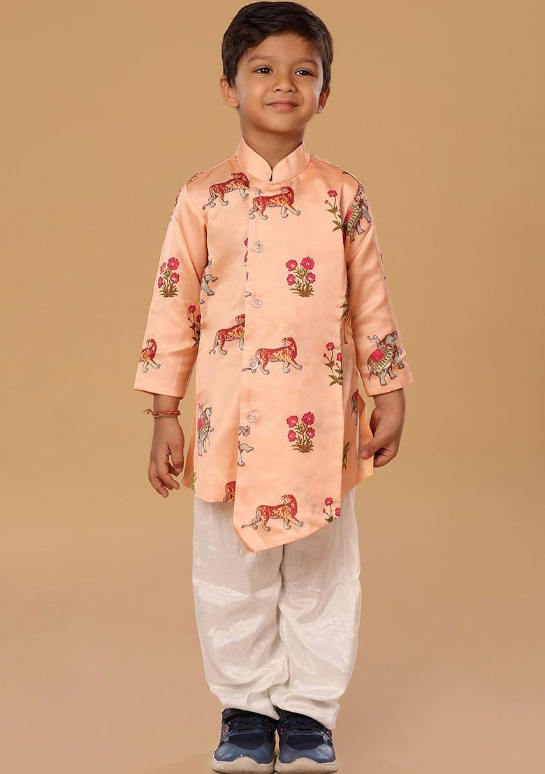 Peach Printed Blended Kurta Set For Boys - Indya