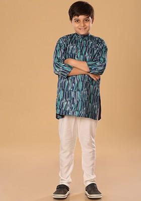 Blue Embroidered Blended Kurta Set For Boys