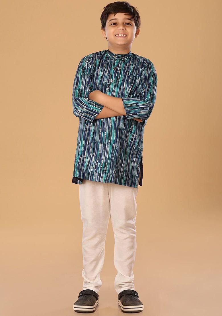Blue Embroidered Blended Kurta Set For Boys - Indya