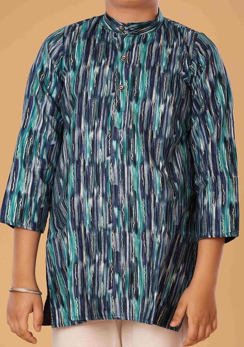 Blue Embroidered Blended Kurta Set For Boys - Indya