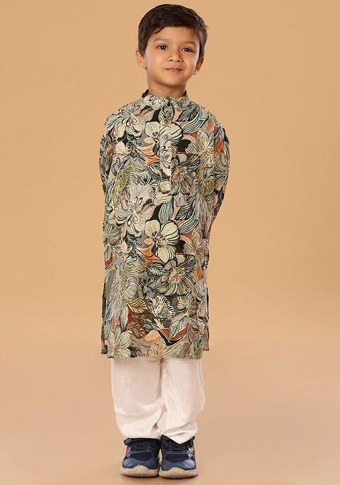 Green Floral Blended Kurta Set For Boys — view on Indya