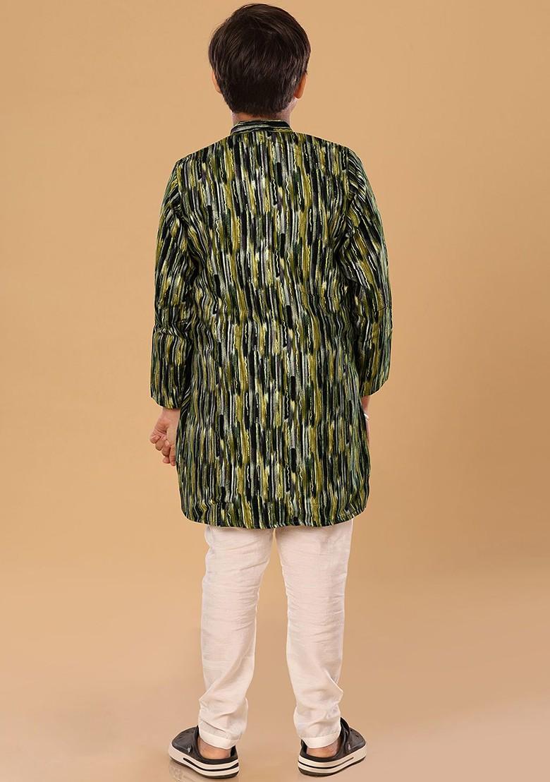 Green Embroidered Blended Kurta Set For Boys - Indya